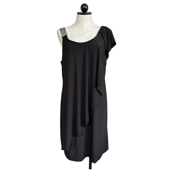 Black Cocktail Dress One Shoulder Silver Chain Strap One Flutter Fits Large - Picture 1 of 12